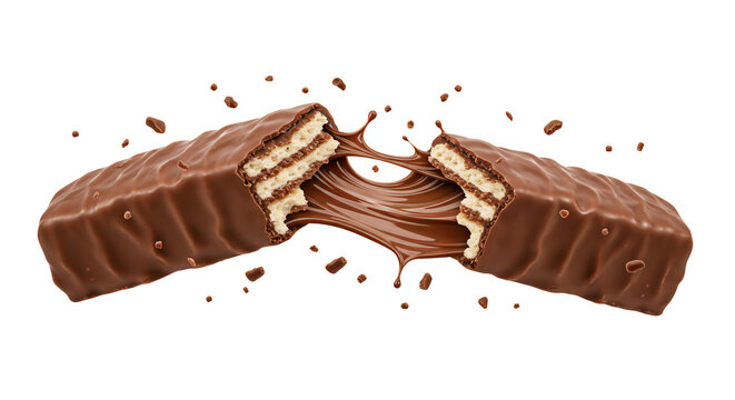 A delicious chocolate wafer bar breaks apart, revealing gooey melted caramel and crunchy layers on a clean background, perfect for satisfying sweet cravings.