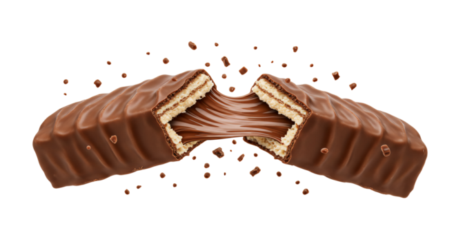 Chocolate bar with gooey filling dramatically breaks apart in a studio shot, scattering delicious crumbs.