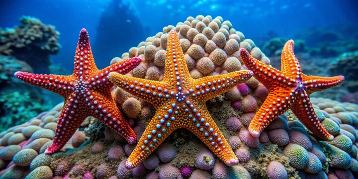 Vibrant starfish trio perched atop a coral reef, showcasing their striking colors and intricate patterns in an underwater paradise
