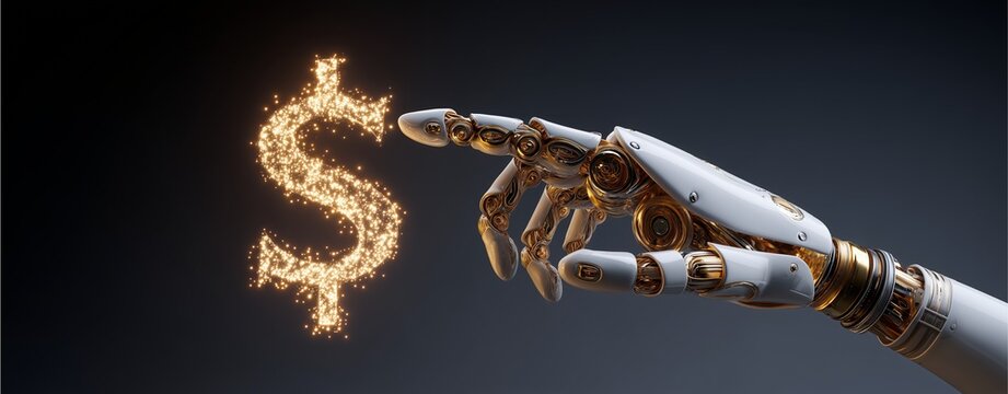 Digital Hand and the Symbol of Wealth: A robotic hand elegantly touches a glowing dollar sign, symbolizing the intersection of technology and finance.