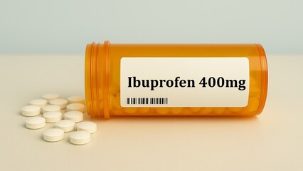 Box of ibuprofen tablets 400 mg placed on a table, over-the-counter anti-inflammatory pain relief...