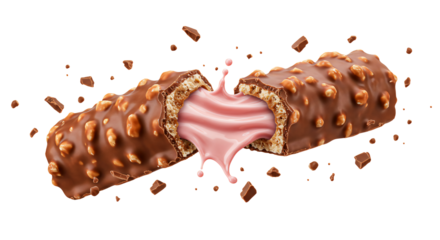 Chocolate bar with nuts and pink cream filling breaks apart with explosion on black background for delicious snack.
