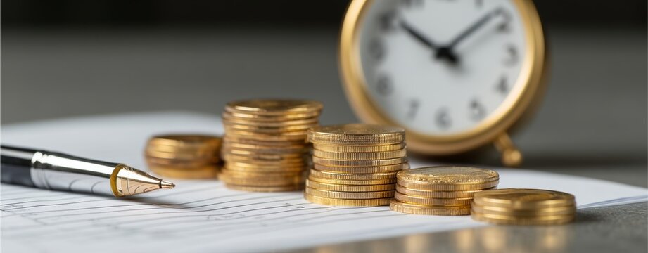 Time is Money: A golden timepiece and ascending stacks of coins sit beside a pen and paperwork, all on a desk, symbolizing the relentless passage of time and its connection to wealth accumulation.