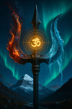 Divine Trishul Wallpaper &ndash; Fire & Ice Trident with ॐ Symbol and Mount Kailash