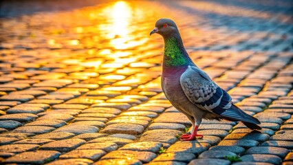 A lone pigeon stands on a cobblestone path bathed in the warm glow of the setting sun, its iridescent plumage shimmering