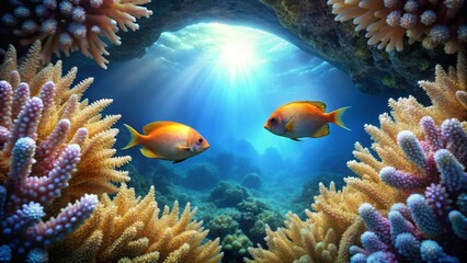 Serene Underwater Scene Two Vivid Orange Fish Gracefully Swim Amidst a Vibrant Coral Reef, Bathed in Sunlit Ocean Waters