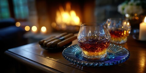 Warm evening by the fireplace with whiskey glasses and snacks on the table