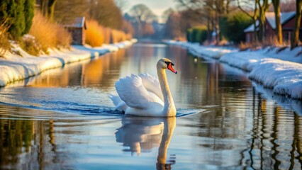 Serene Swan Gliding on a Winter Canal, Its Graceful Reflection Mirrored in the Calm Waters, Sunlit Banks Dusted with a Light Snowfall
