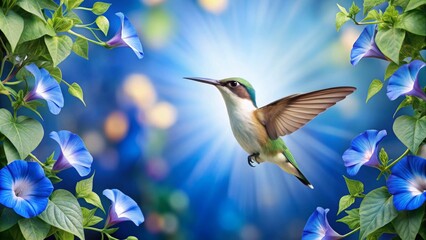 A Vibrant Hummingbird in Flight Amidst a Frame of Blooming Blue Flowers