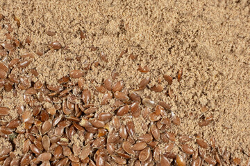 Flax Seeds and Ground Flaxseed Flour Macro View.