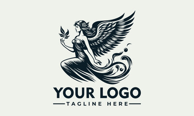 Elegant winged woman logo design, holding a leaf, flowing dress, vintage style.