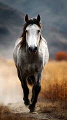 Obraz premium Majestic gray horse running across a golden field at sunset with mountains in the background