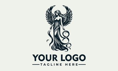 Elegant winged woman logo design, holding a leaf, flowing dress, vintage style.