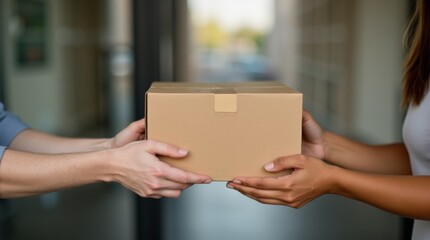 Close-up hands exchanging delivery box between courier and female customer

