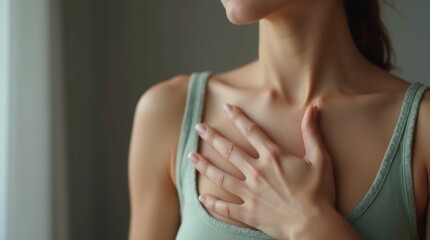 Close-up of woman breathing deeply with hand on chest, calm and mindful