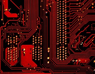 Red Circuit Board: Close-up of Electronic Components and Technology