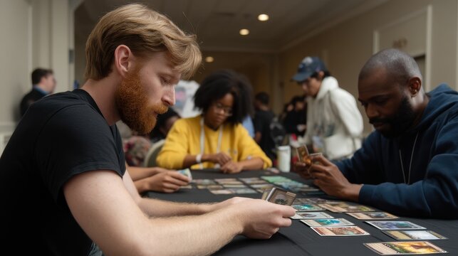 Diverse adults playing card game at indoor event