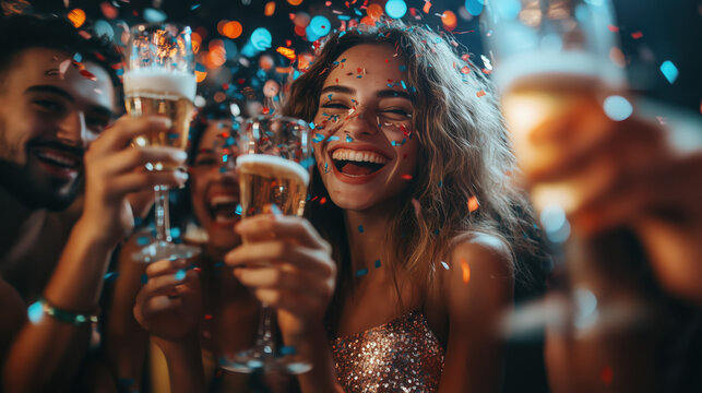 friends celebrating with confetti and drinks