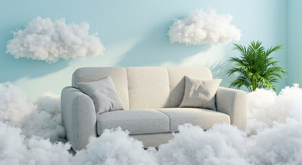 Cozy Living Room Suspended in Clouds Dreamy Interior Design. A modern living room with a leather sofa and various houseplants is suspended in a cloud-filled environment.