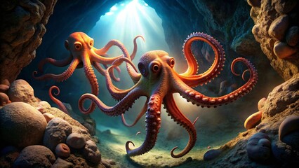 Obraz premium Ocean Depths Two Majestic Octopuses Explore a Mysterious Underwater Cave, Illuminated by Beams of Sunlight Filtering Through the Water Above