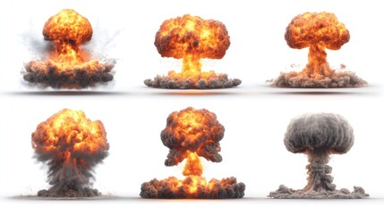 Set of realistic nuclear explosions in different stages, bright orange fireballs and grey mushroom clouds, isolated on clean white background