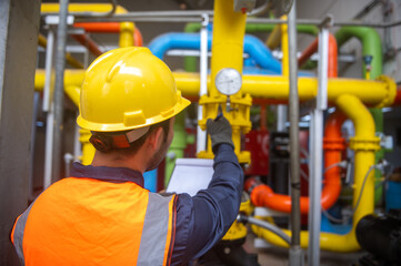 Engineer is checking pressure gauges on gas pipelines in a large factory