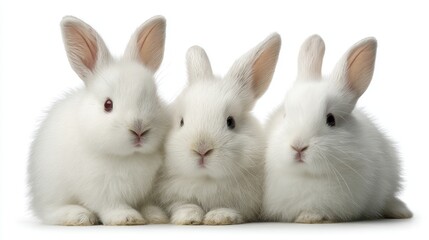 Obraz premium Group of three cute white bunnies in various sitting poses, one looking at camera, others slightly turned, soft shadows, crisp white background, detailed fur texture