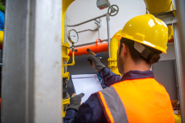 Engineer is checking pressure gauges on gas pipelines in a large factory