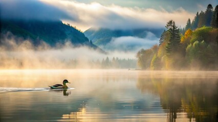 Serene Sunrise A Solitary Waterfowl Navigates Misty Lake Waters Surrounded by Picturesque Autumnal Foliage and Mountain Peaks