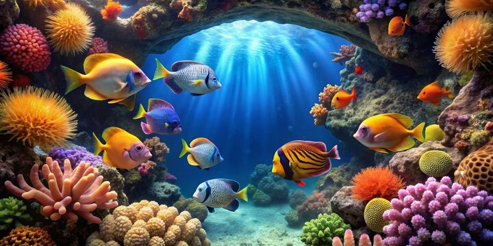 Vibrant underwater scene showcasing a diverse array of colorful fish swimming amongst a lush coral reef, illuminated by sunbeams penetrating the water's surface.