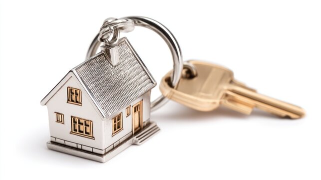 Modern house key with gold keychain in shape of a small home, angled view with clean white backdrop, high-resolution image for property and mortgage content - Powered by Adobe