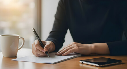 Mano sosteniendo taza mientras revisa cuaderno con ideas escritas