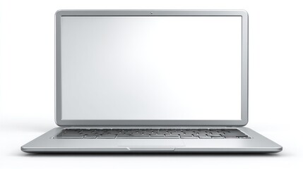 Straight-on view of a closed silver laptop with its lid tilted open to reveal white screen, subtle reflections on the surface, clean minimal design for corporate presentations