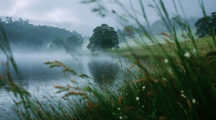 **Lakeside perspective with soft grassy foreground, misty water, and distant blurred trees