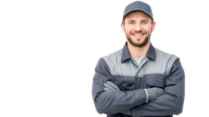 Friendly car technician wearing uniform and gloves, folded hands and looking directly at camera, isolated on white background, ideal for auto repair service marketing
