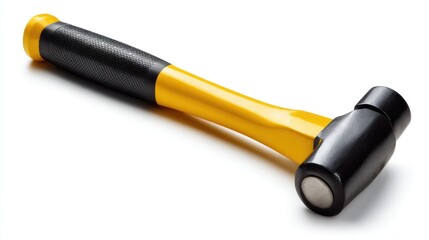 Isolated yellow carpenter hammer with black rubber handle, positioned diagonally with realistic shadows, clean white background and copy space, ideal for tool promotions