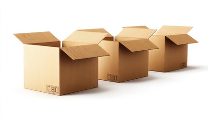 Realistic 3D-style rendering of four closed cardboard moving boxes with visible flaps and creases, clean white isolation and large empty space, ideal for storage or logistics content