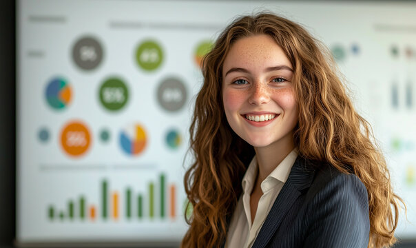 Young professional presenting esg data insights corporate office business meeting indoor eye-level analysis - Powered by Adobe