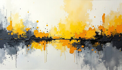 Vibrant abstract painting yellow black grey textured surface spontaneous style