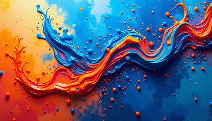 Dynamic flow of vibrant blue and orange textured liquid streams with scattered spherical droplets