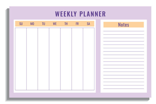 Cute weekly planner template with notes section in pastel colors. Vector organizer
