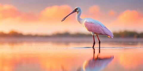 A graceful roseate spoonbill wading in tranquil dawn waters, its reflection mirrored perfectly in the calm surface, bathed in the soft, warm glow of the rising sun