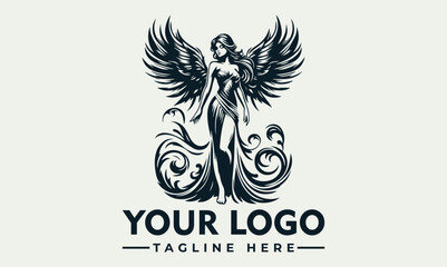 Elegant illustration of a winged woman with flowing hair and ornate details.