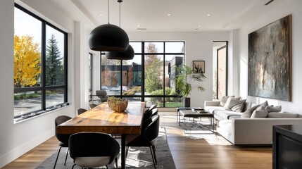 Fototapeta premium Modern dining room with large windows (1)