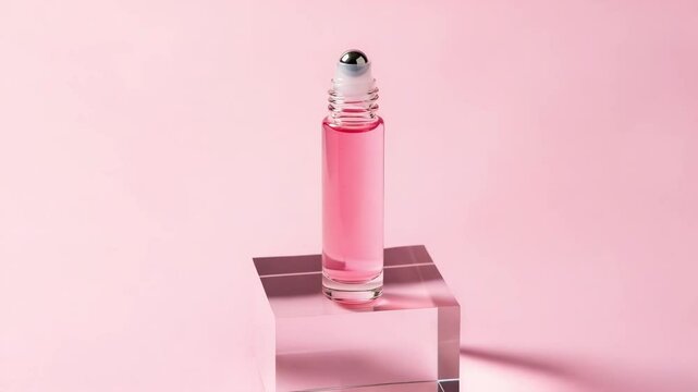 Pink roller bottle essential oil fragrance aromatherapy skincare beauty product on display cosmetic