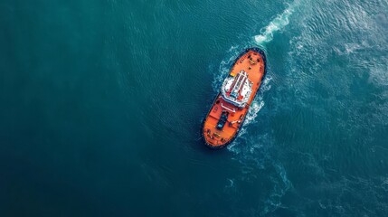 Fototapeta premium Aerial View of Tugboat Navigating Deep Blue Ocean Waters