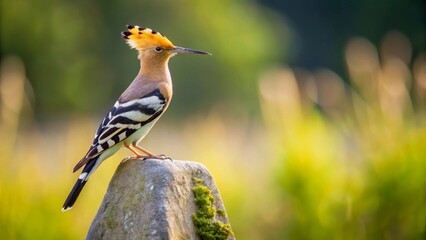 A Vibrant Hoopoe Bird Perched on a Mossy Stone in a Soft-Focus Natural Setting