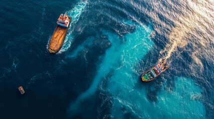 Aerial View of Vessels Navigating Ocean Waters: Cargo Ship, Tugboat, and Small Boat