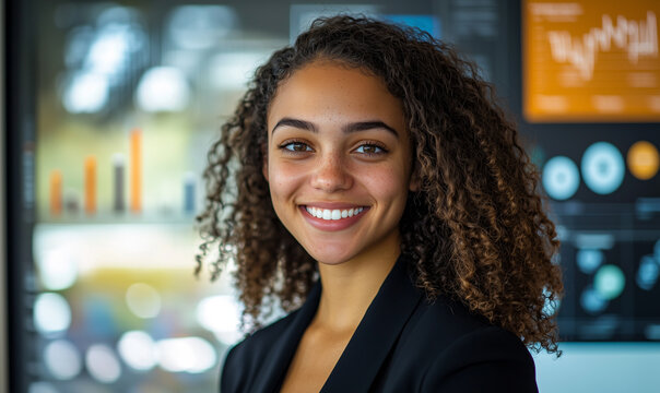 Smiling woman with curly hair poses confidently in front of a colorful data presentation background. - Powered by Adobe