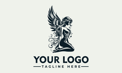 Obraz premium Silhouette logo of a kneeling winged woman, stylized design.
